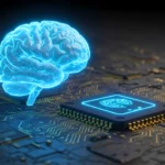Illustration d’un cerveau humain lumineux connecté à une puce électronique sur un circuit, représentant un ordinateur vivant composé de neurones humains et de technologie.