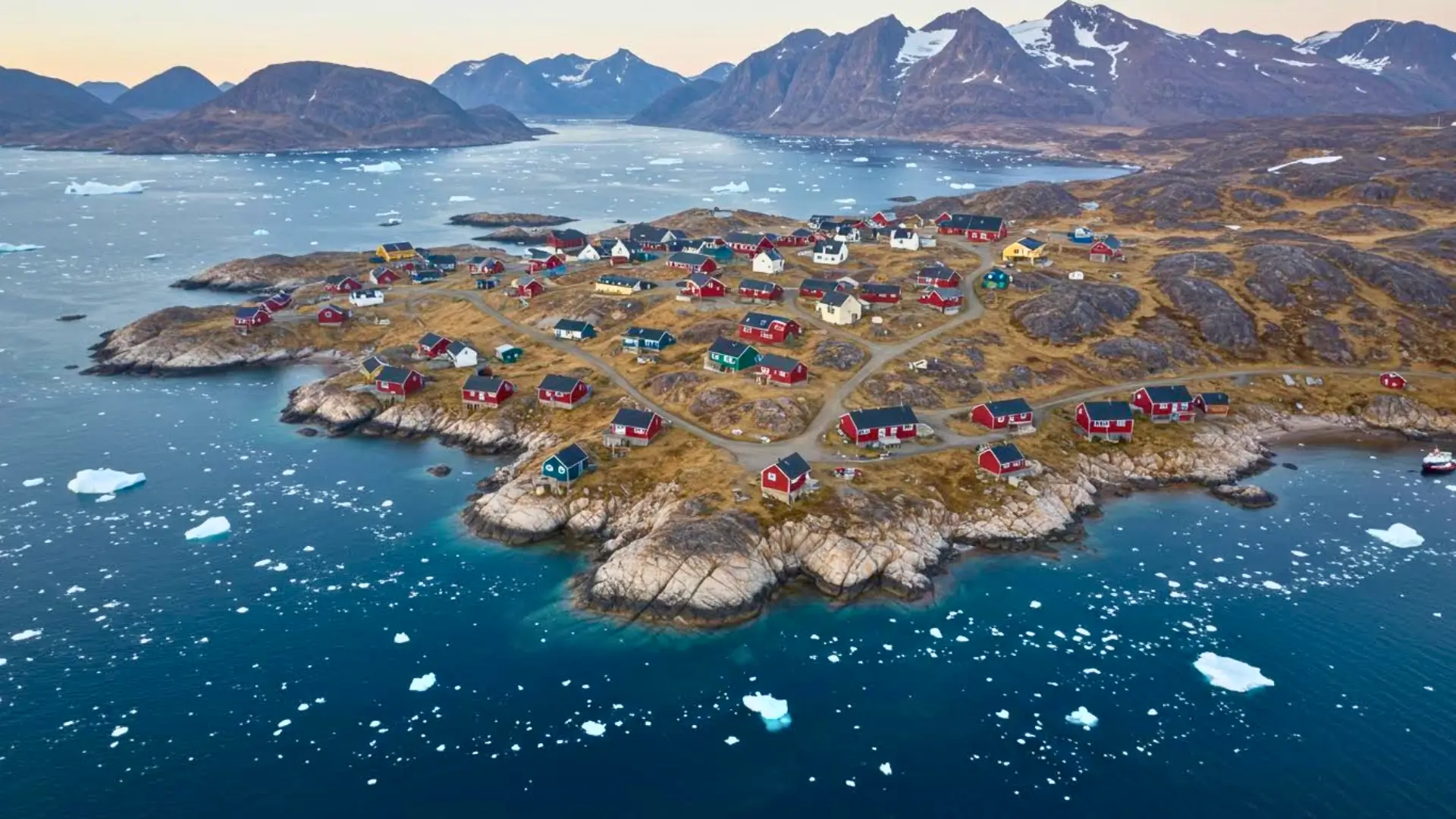Village côtier du Groenland entouré de glace flottante, illustrant l’impact du réchauffement climatique et de la fonte de la calotte glaciaire.