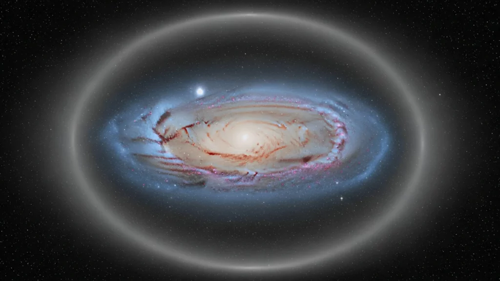 Illustration montrant la Voie lactée vue de dessus, entourée d’un vaste halo lumineux dans l’espace profond.