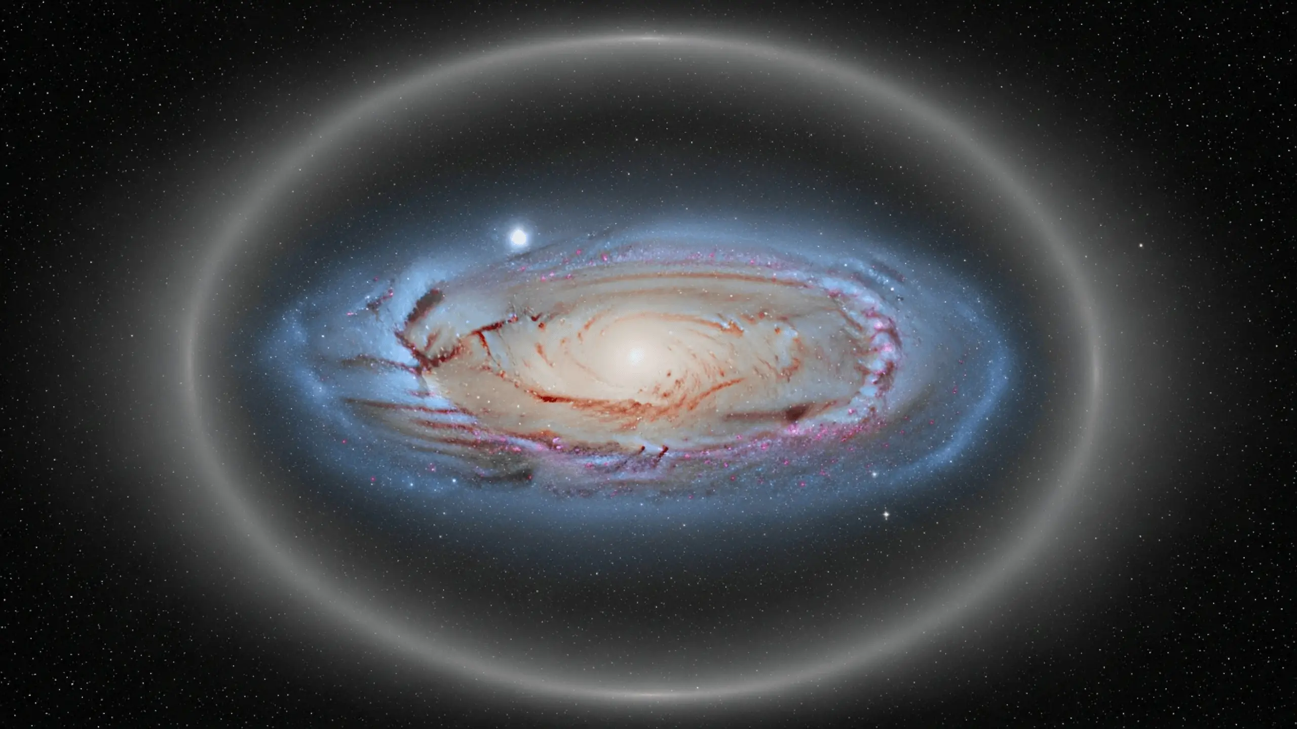 Illustration montrant la Voie lactée vue de dessus, entourée d’un vaste halo lumineux dans l’espace profond.