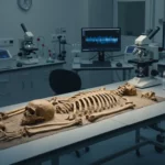 Squelette antique de l’époque romaine analysé dans un laboratoire scientifique avec microscopes et écrans de données ADN