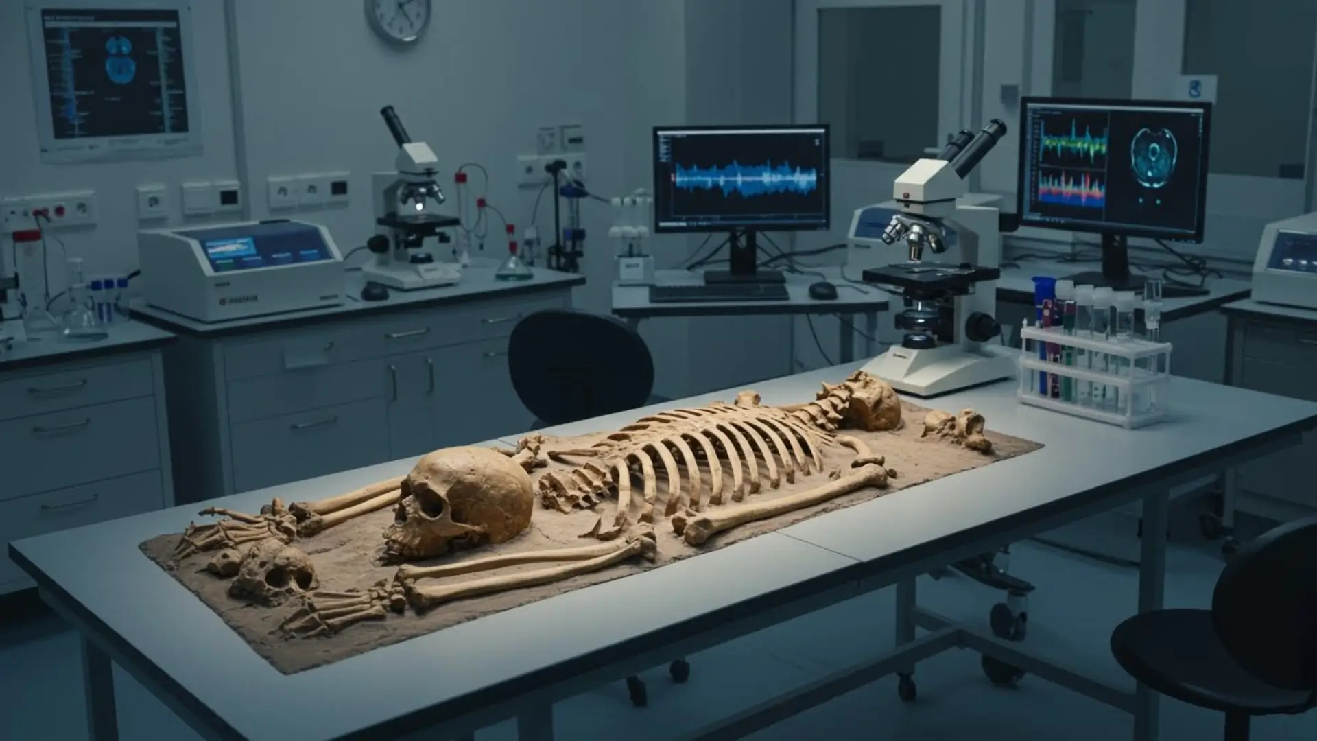 Squelette antique de l’époque romaine analysé dans un laboratoire scientifique avec microscopes et écrans de données ADN