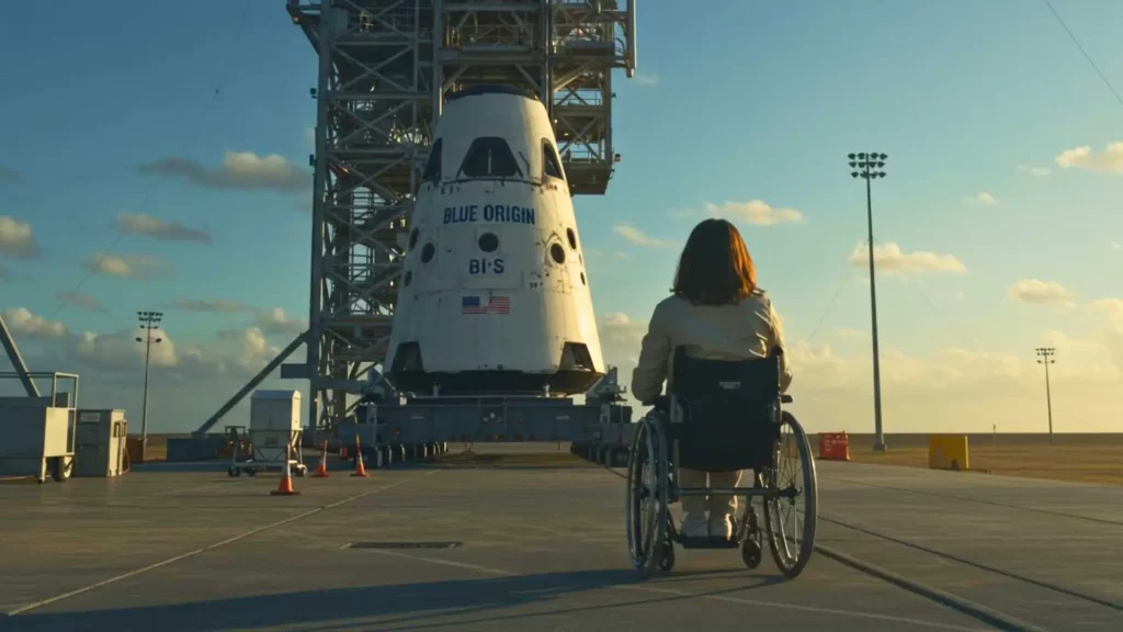 Femme en fauteuil roulant observant la capsule spatiale Blue Origin sur une aire de lancement, juste avant un vol suborbital.