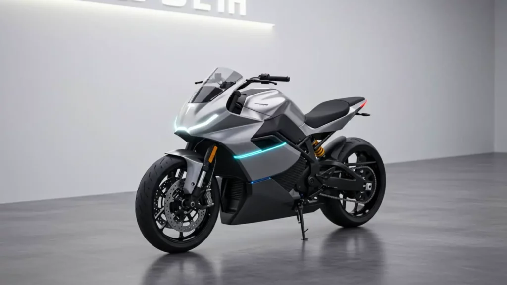 Moto électrique futuriste argentée avec éclairages LED bleus et design inspiré de Tesla.