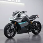 Moto électrique futuriste argentée avec éclairages LED bleus et design inspiré de Tesla.