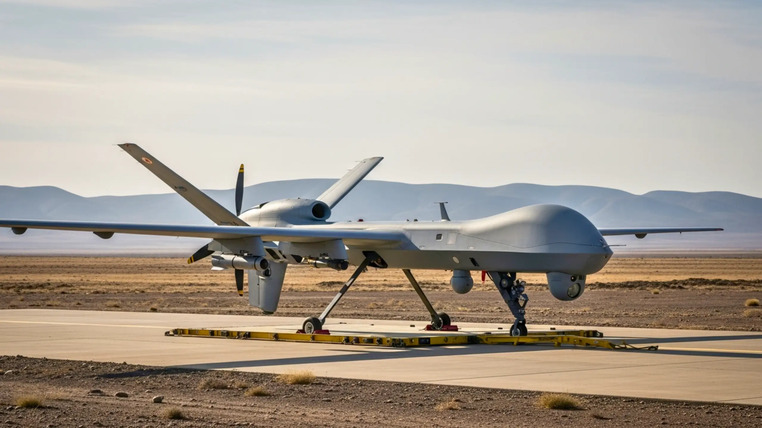 Drone militaire de type UAV posé sur une piste, avec train d’atterrissage sorti, dans un paysage désertique avec montagnes au loin.