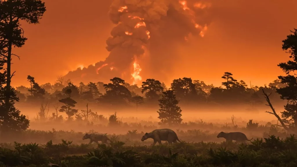 Paysage préhistorique avec des mammifères fuyant devant une éruption volcanique sous un ciel rougeoyant.
