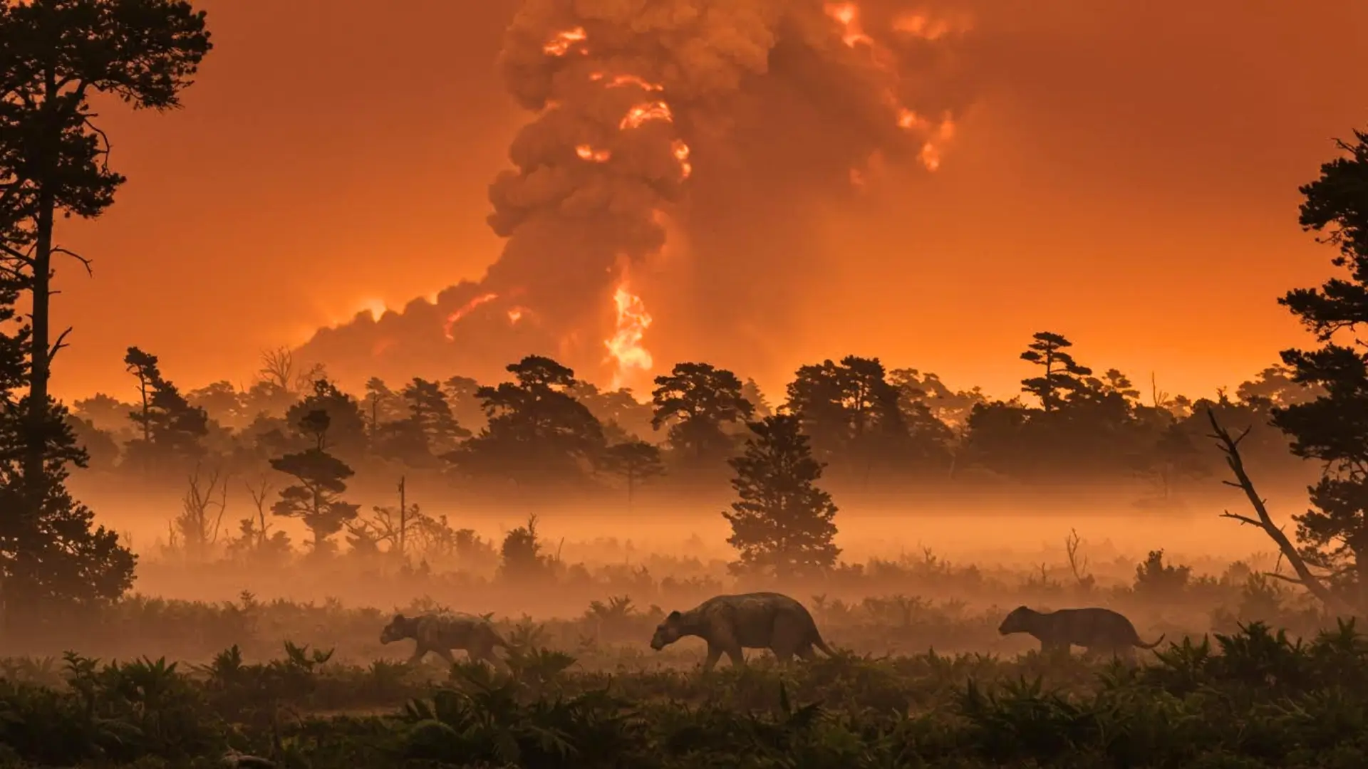 Paysage préhistorique avec des mammifères fuyant devant une éruption volcanique sous un ciel rougeoyant.