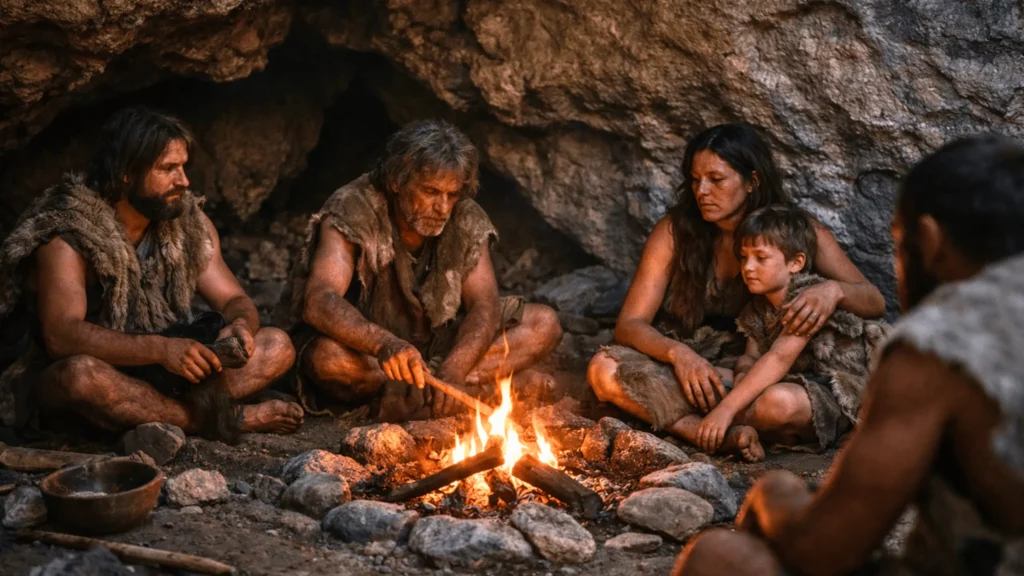 Groupe d’humains préhistoriques assis autour d’un feu dans une grotte, vêtus de peaux, avec des outils rudimentaires et des visages éclairés par la flamme.