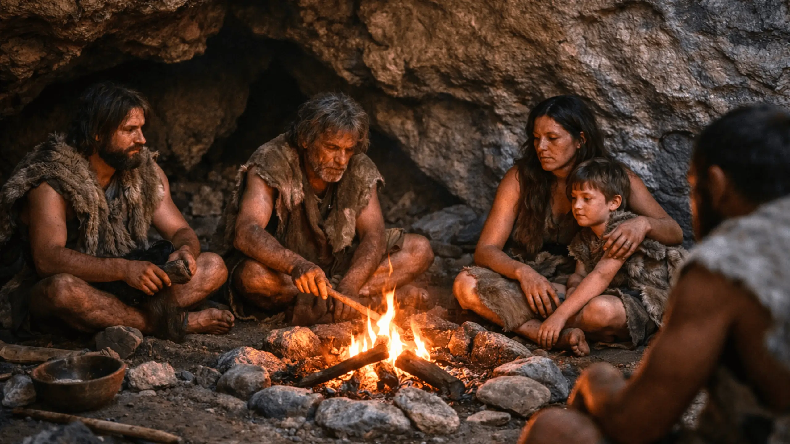 Groupe d’humains préhistoriques assis autour d’un feu dans une grotte, vêtus de peaux, avec des outils rudimentaires et des visages éclairés par la flamme.
