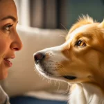 Femme regardant son chien de près, illustrant une interaction et une communication non verbale entre humain et animal.