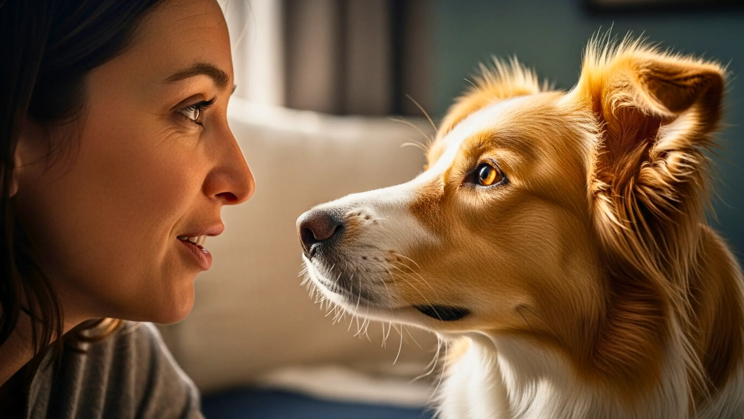 Femme regardant son chien de près, illustrant une interaction et une communication non verbale entre humain et animal.