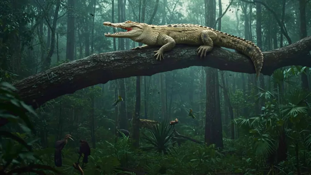 Crocodile préhistorique arboricole allongé sur une branche dans une forêt tropicale dense, prêt à chasser