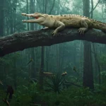 Crocodile préhistorique arboricole allongé sur une branche dans une forêt tropicale dense, prêt à chasser
