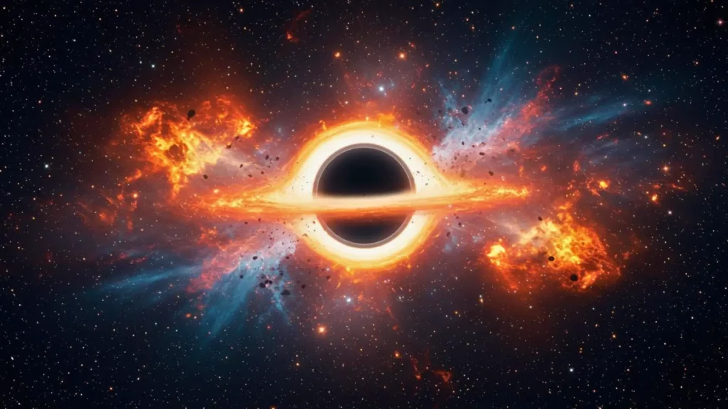 Illustration d’un trou noir entouré d’un disque de matière en fusion, projetant une explosion cosmique lumineuse dans l’espace profond.