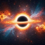 Illustration d’un trou noir entouré d’un disque de matière en fusion, projetant une explosion cosmique lumineuse dans l’espace profond.
