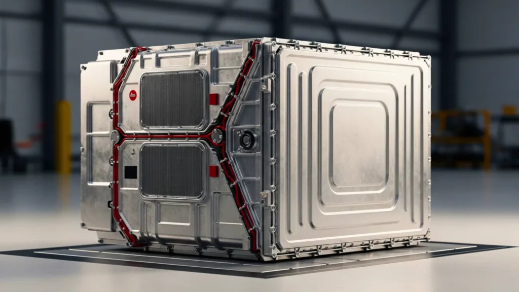 Gros plan sur un module de batterie industriel en métal, avec connectiques et renforts, posé au sol dans un environnement d’usine.
