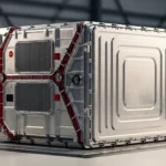 Gros plan sur un module de batterie industriel en métal, avec connectiques et renforts, posé au sol dans un environnement d’usine.