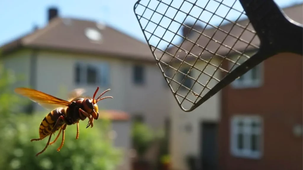 Frelon asiatique en vol face à une tapette électrique près d’une habitation, illustrant le danger d’une intervention amateur