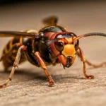 Gros plan d’un frelon européen avançant sur le sol, près de l’entrée d’une ruche qu’il cible pour attraper les abeilles.