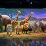 Animaux sauvages réalistes — éléphant, girafes, lions, tigres, zèbres et rhinocéros — présentés dans un décor immersif de zoo virtuel.