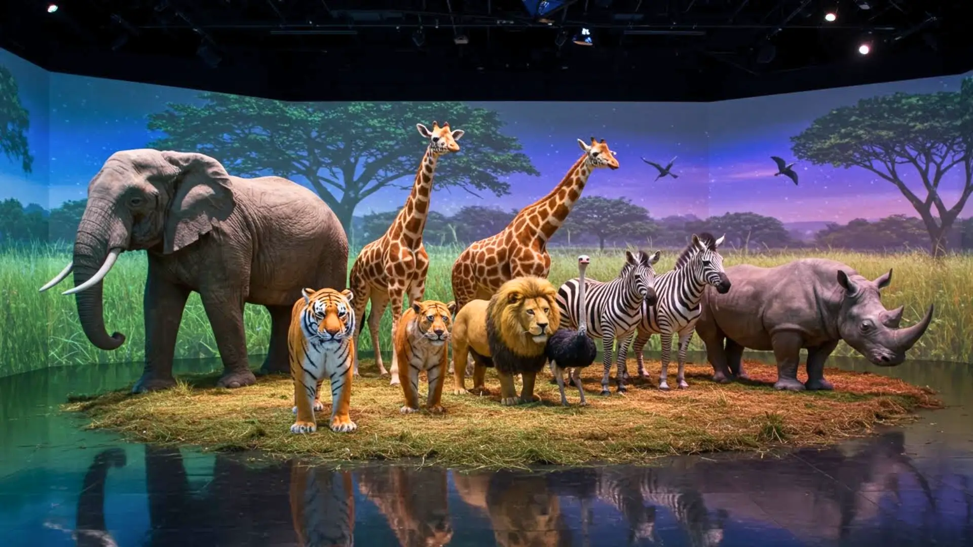 Animaux sauvages réalistes — éléphant, girafes, lions, tigres, zèbres et rhinocéros — présentés dans un décor immersif de zoo virtuel.