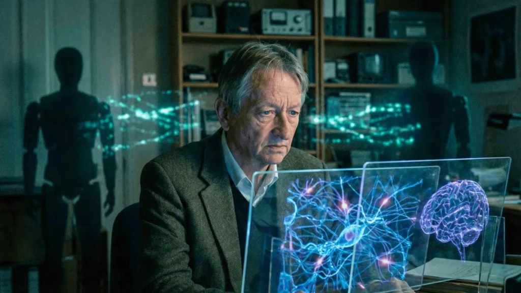 Geoffrey Hinton étudiant des hologrammes d’intelligence artificielle dans un laboratoire futuriste