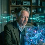 Geoffrey Hinton étudiant des hologrammes d’intelligence artificielle dans un laboratoire futuriste