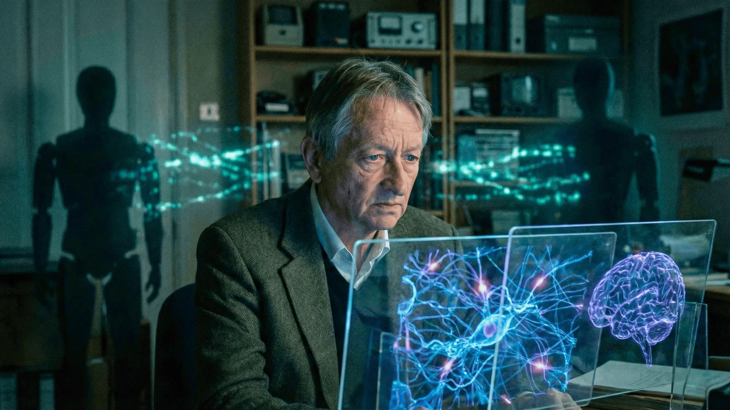 Geoffrey Hinton étudiant des hologrammes d’intelligence artificielle dans un laboratoire futuriste