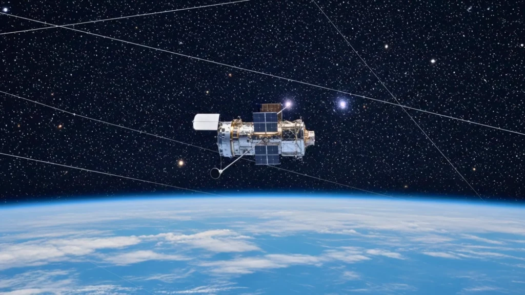 Le télescope spatial Hubble en orbite au-dessus de la Terre, avec plusieurs traînées lumineuses de satellites traversant le ciel étoilé.