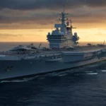 Porte-avions nucléaire français PA-NG naviguant en mer avec avions de combat sur le pont au coucher du soleil
