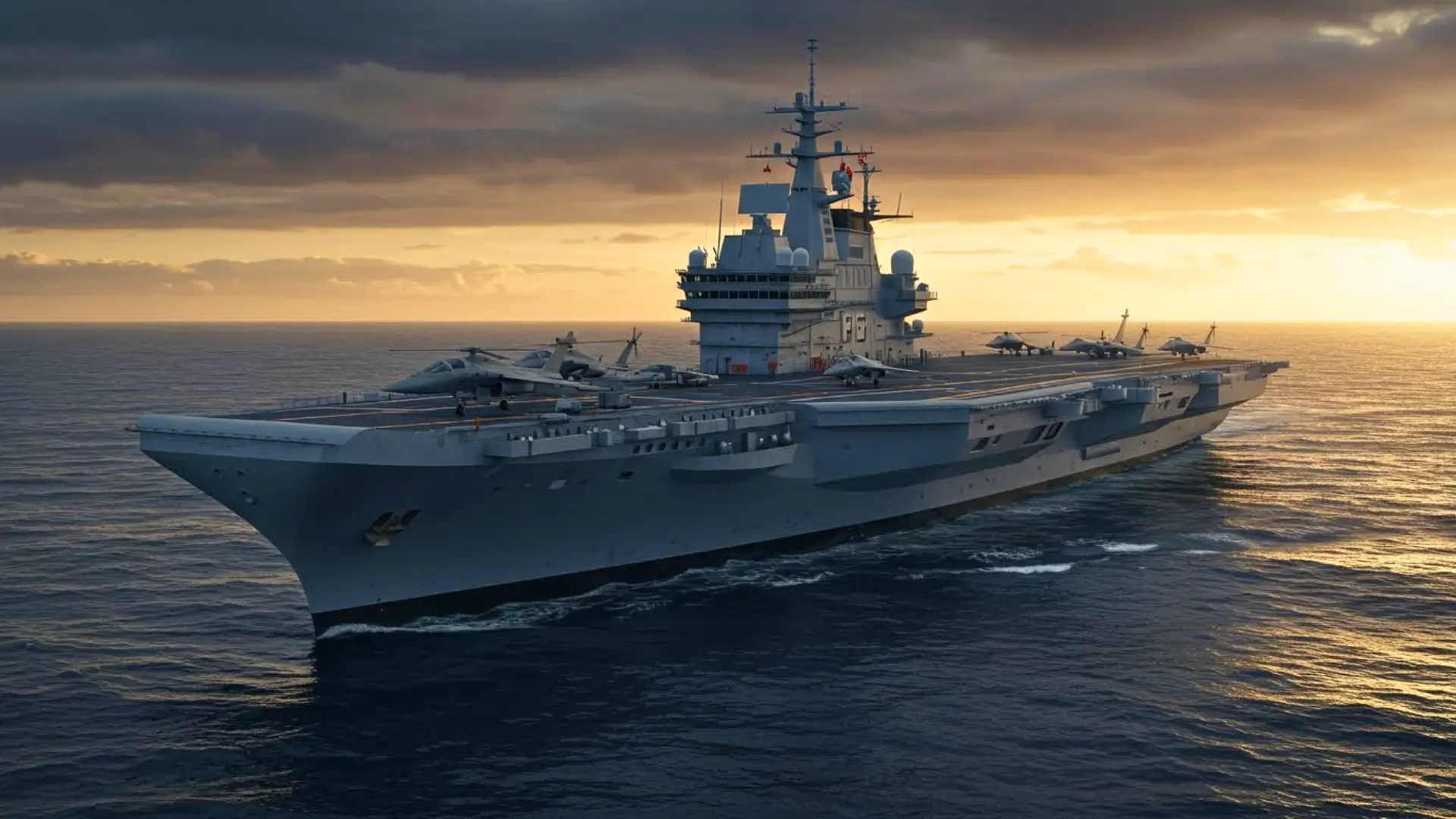 Porte-avions nucléaire français PA-NG naviguant en mer avec avions de combat sur le pont au coucher du soleil