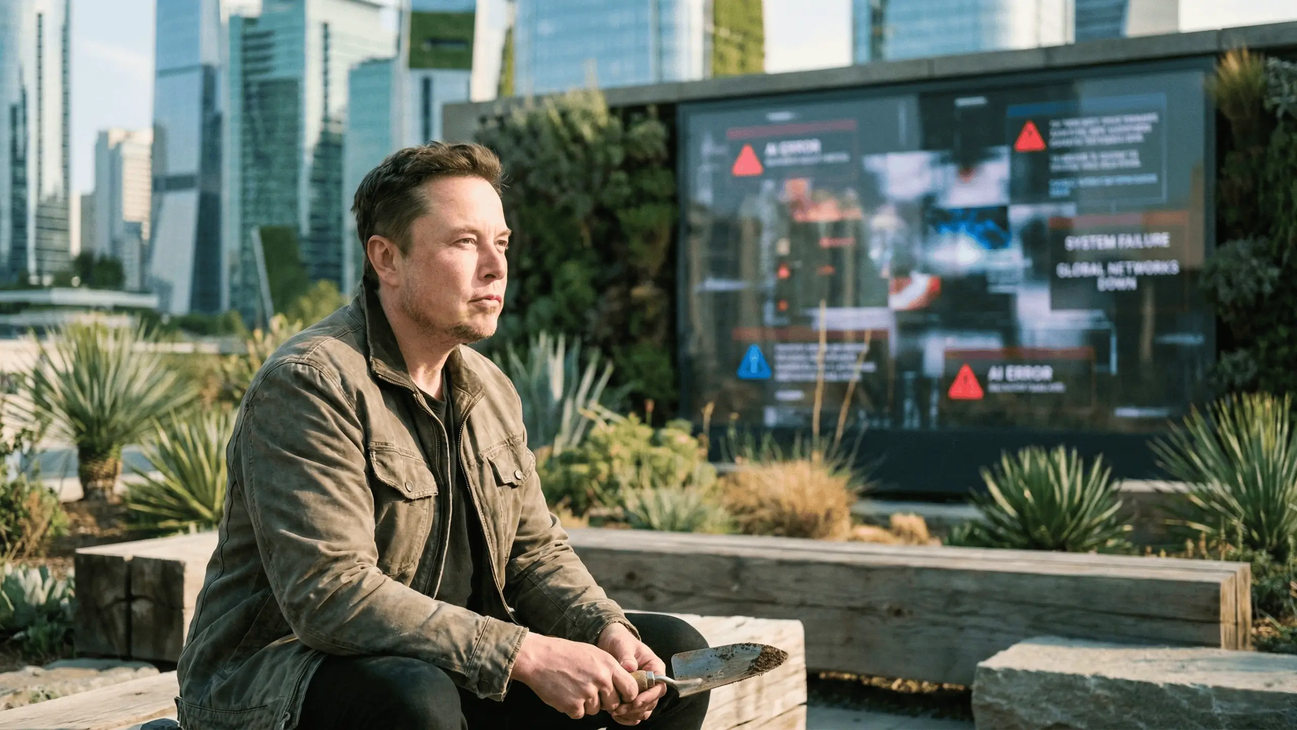 Elon Musk assis en extérieur, tenant une petite pelle, avec en arrière-plan un écran affichant des alertes d’erreurs liées à l’intelligence artificielle.