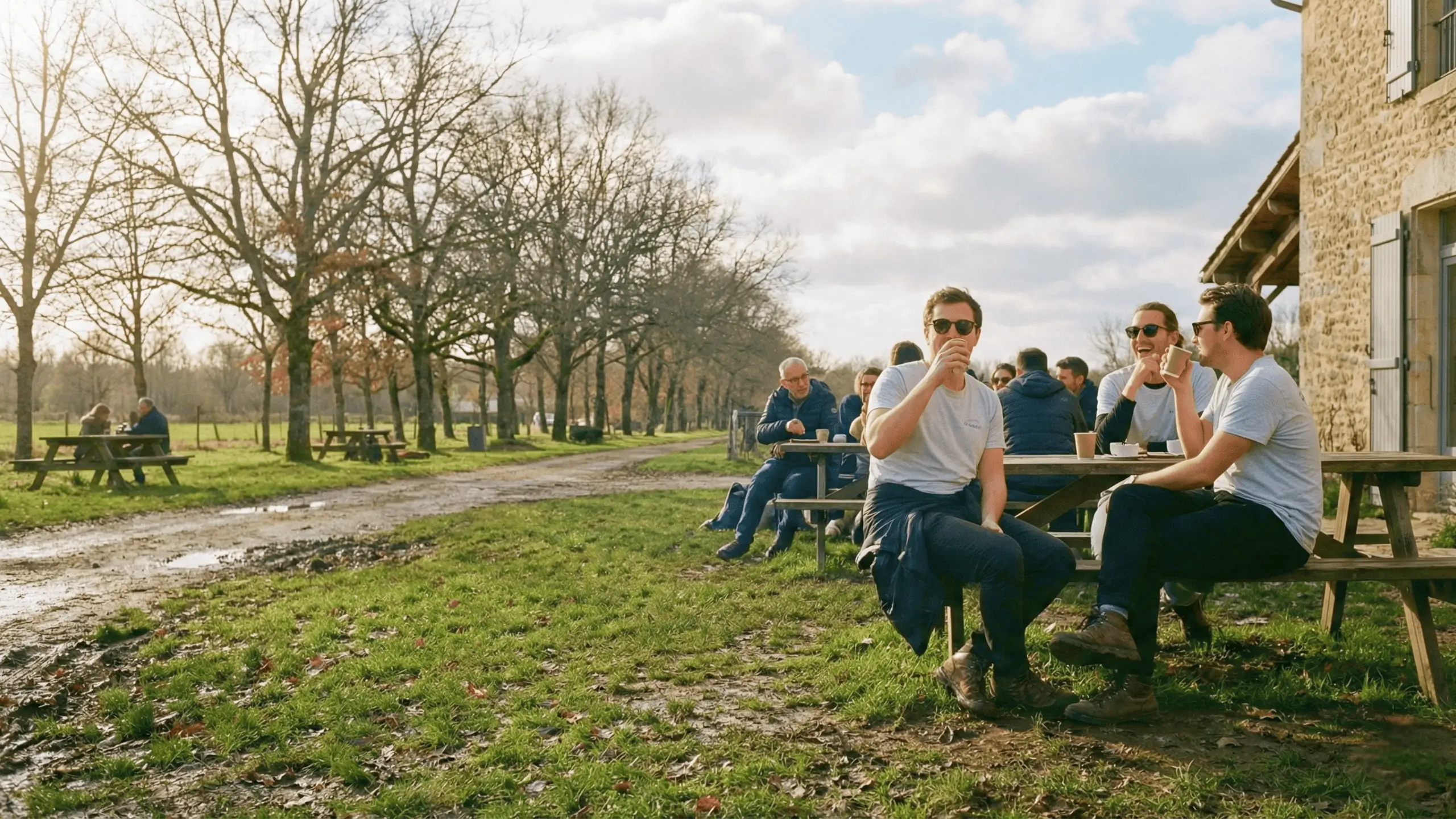 Personnes assises à des tables de pique-nique en extérieur, buvant et discutant sous un soleil d’hiver, avec des arbres nus et un chemin boueux à proximité.