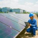 Technicien inspectant des panneaux solaires avec une tablette sur un site photovoltaïque.