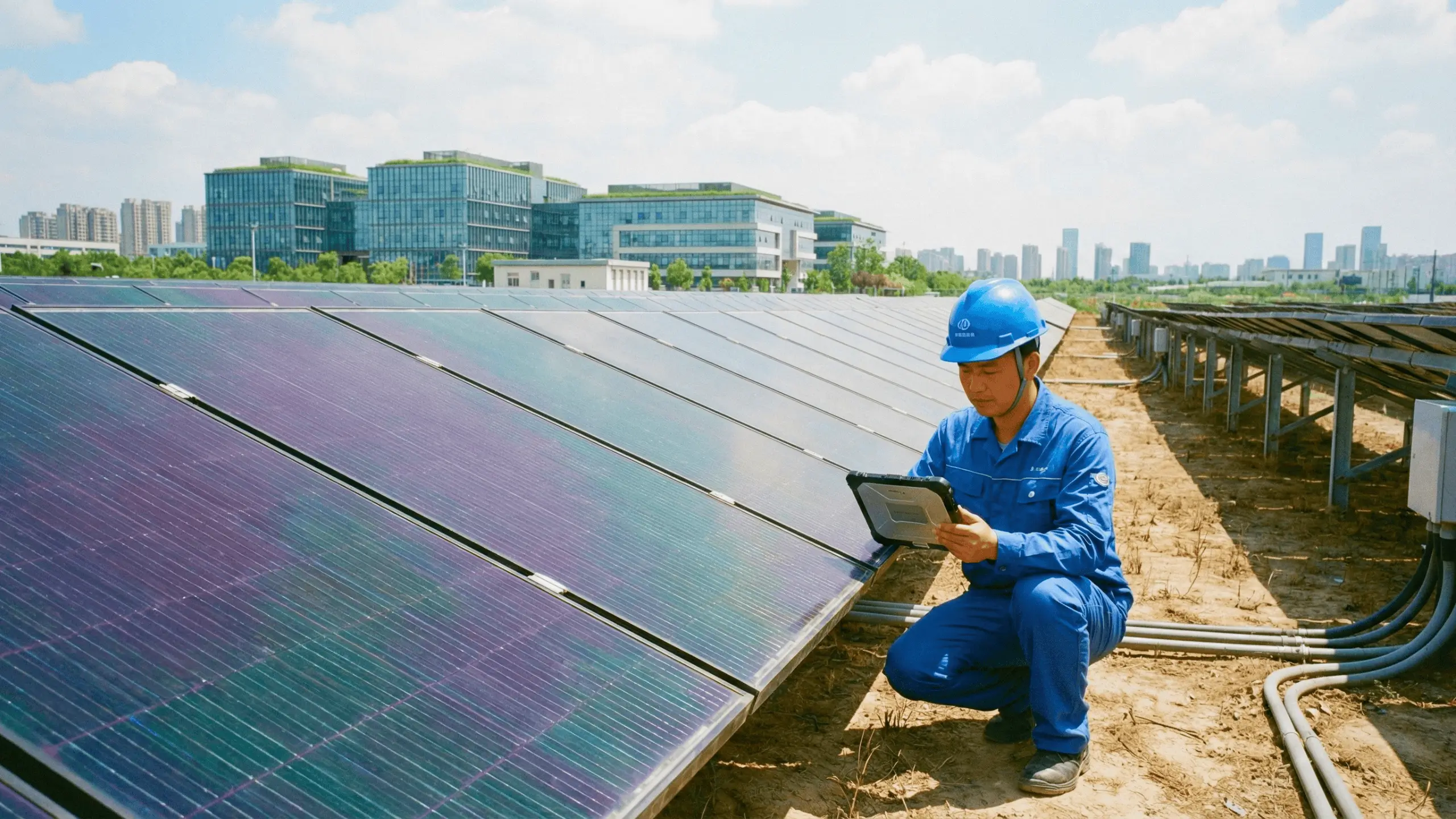 Technicien inspectant des panneaux solaires avec une tablette sur un site photovoltaïque.