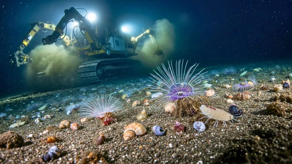 Machine d’extraction sous-marine soulevant des sédiments près d’organismes marins et de coquillages sur le plancher océanique.