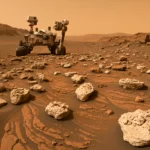 Rover de la NASA sur la surface de Mars, entouré de roches et de strates sédimentaires dans un paysage désertique.