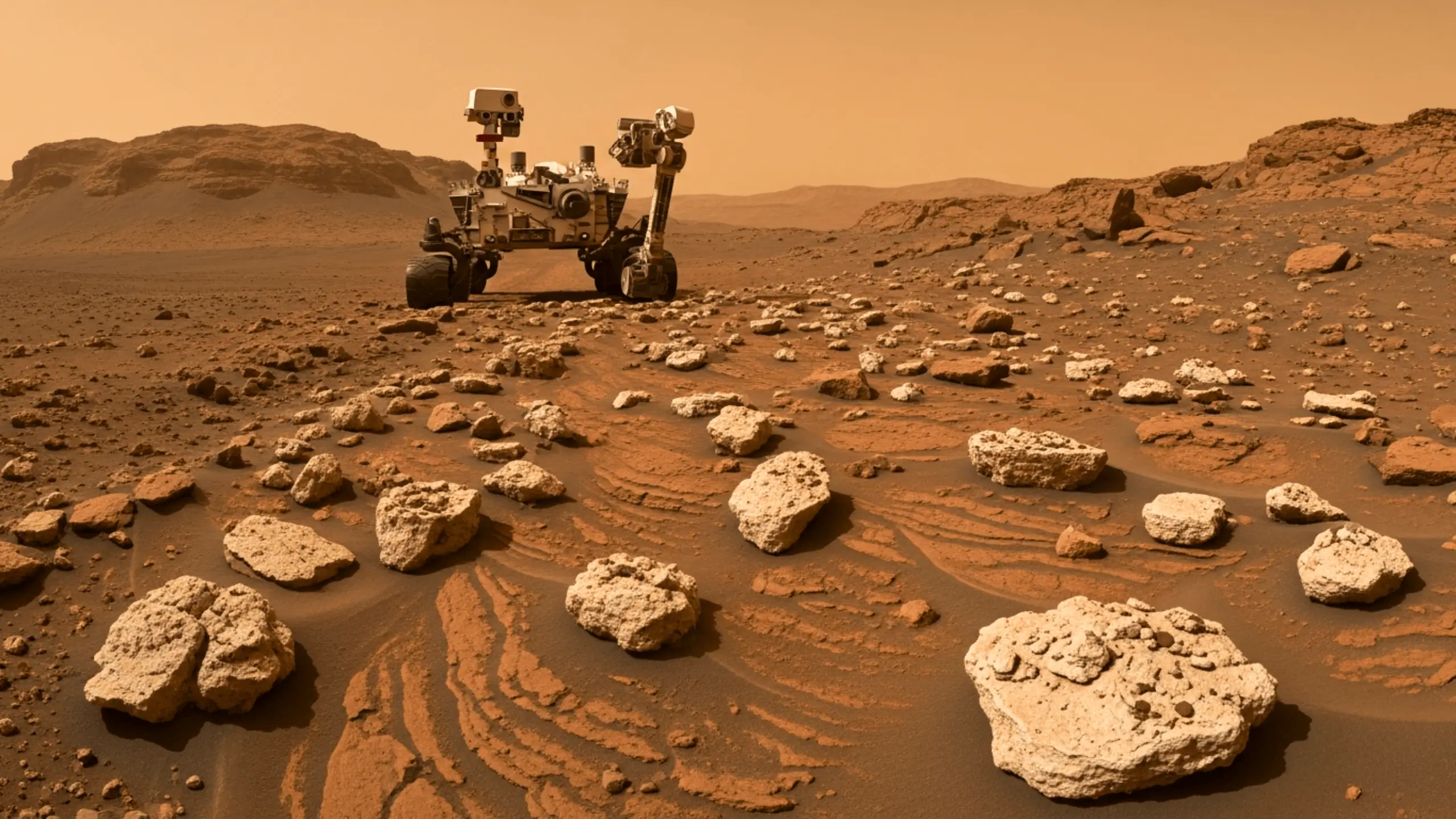 Rover de la NASA sur la surface de Mars, entouré de roches et de strates sédimentaires dans un paysage désertique.