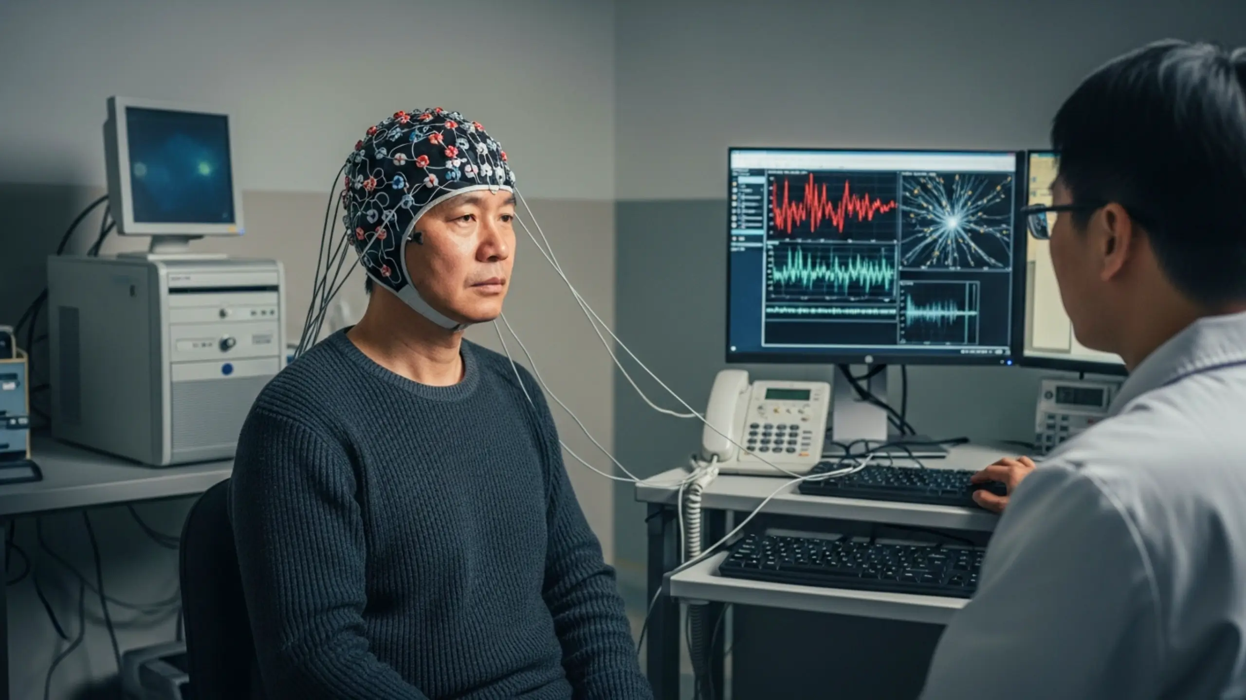Homme équipé d’un casque d’électrodes mesurant l’activité cérébrale face à un chercheur, dans un laboratoire d’interface cerveau-machine