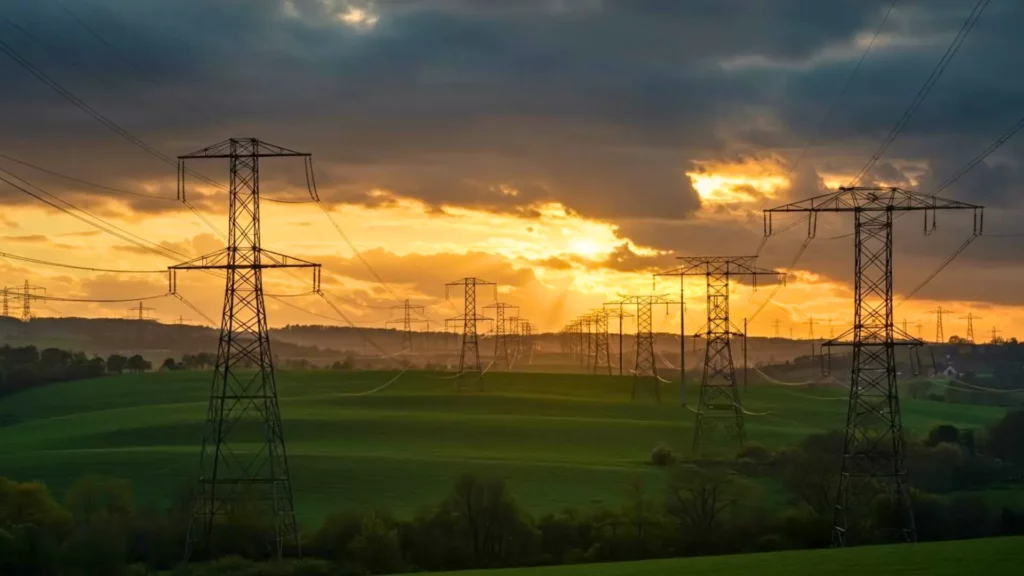 Lignes à haute tension traversant une campagne française au coucher du soleil, symbole du record d’exportation électrique et du surplus d’énergie en France.