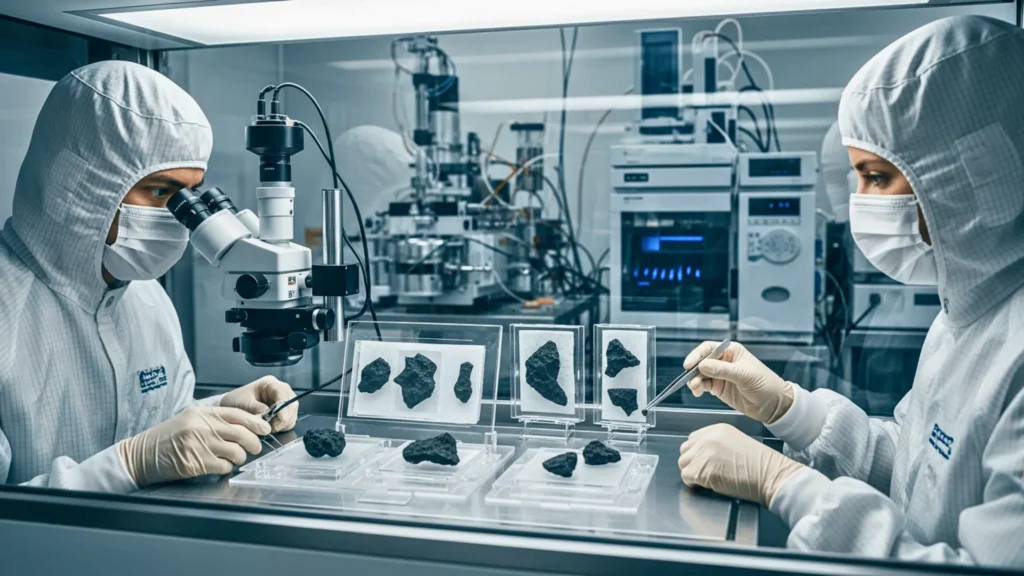 Scientifiques en combinaison stérile analysant des fragments de roche extraterrestre sous microscope dans un laboratoire spécialisé.