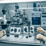 Scientifiques en combinaison stérile analysant des fragments de roche extraterrestre sous microscope dans un laboratoire spécialisé.