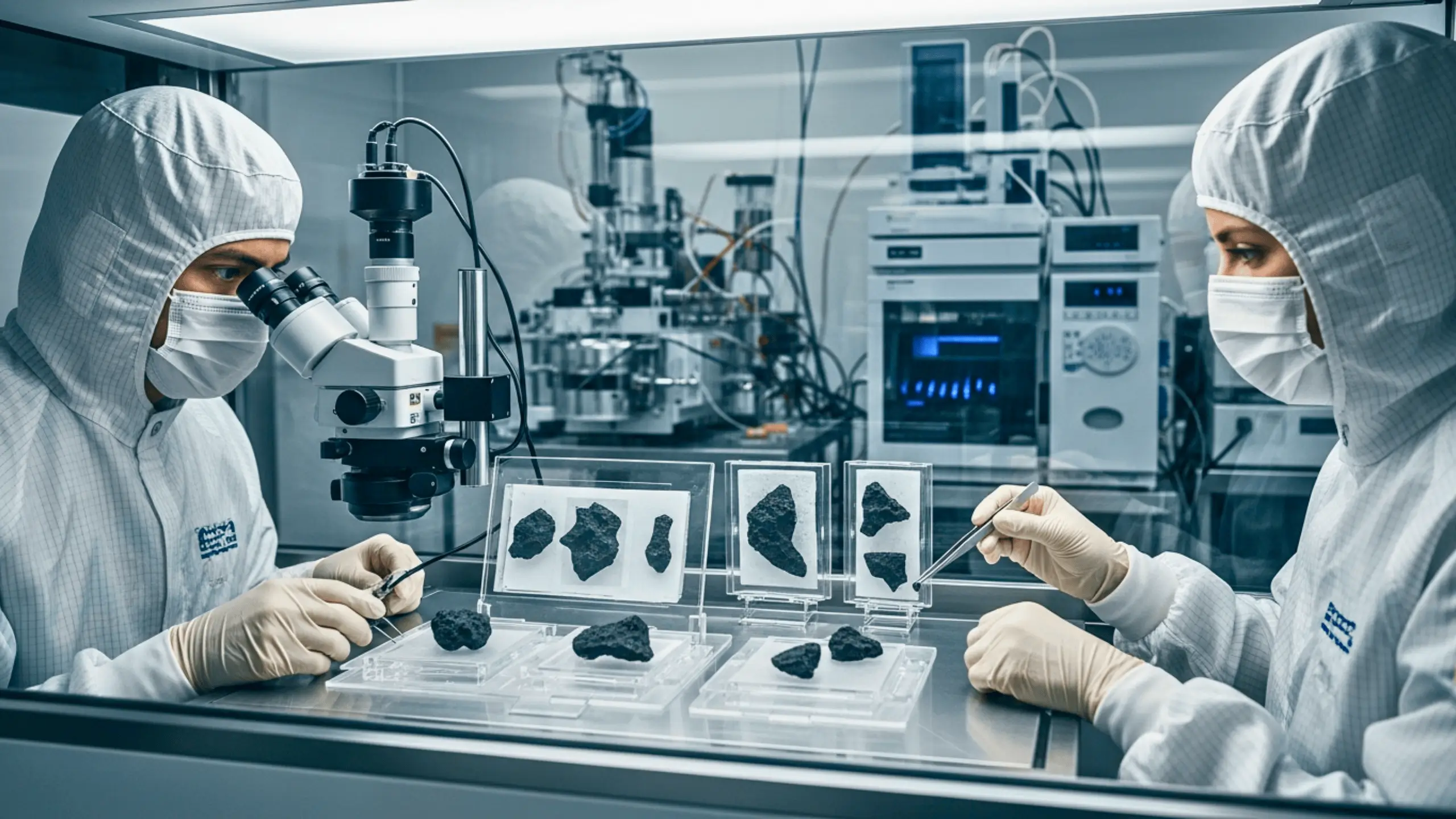 Scientifiques en combinaison stérile analysant des fragments de roche extraterrestre sous microscope dans un laboratoire spécialisé.