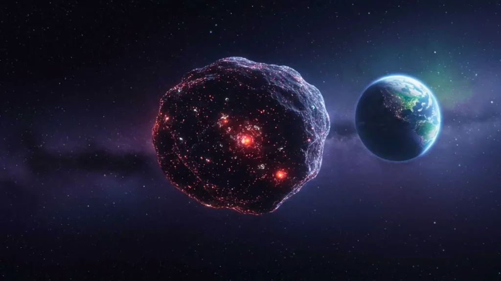 Illustration d’un astéroïde riche en composés organiques s’approchant de la Terre, symbolisant la découverte d’acides aminés et les risques climatiques potentiels.