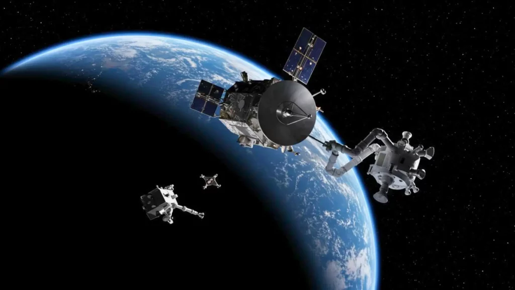 Robots spatiaux et modules de maintenance entourant un satellite en orbite au-dessus de la Terre.