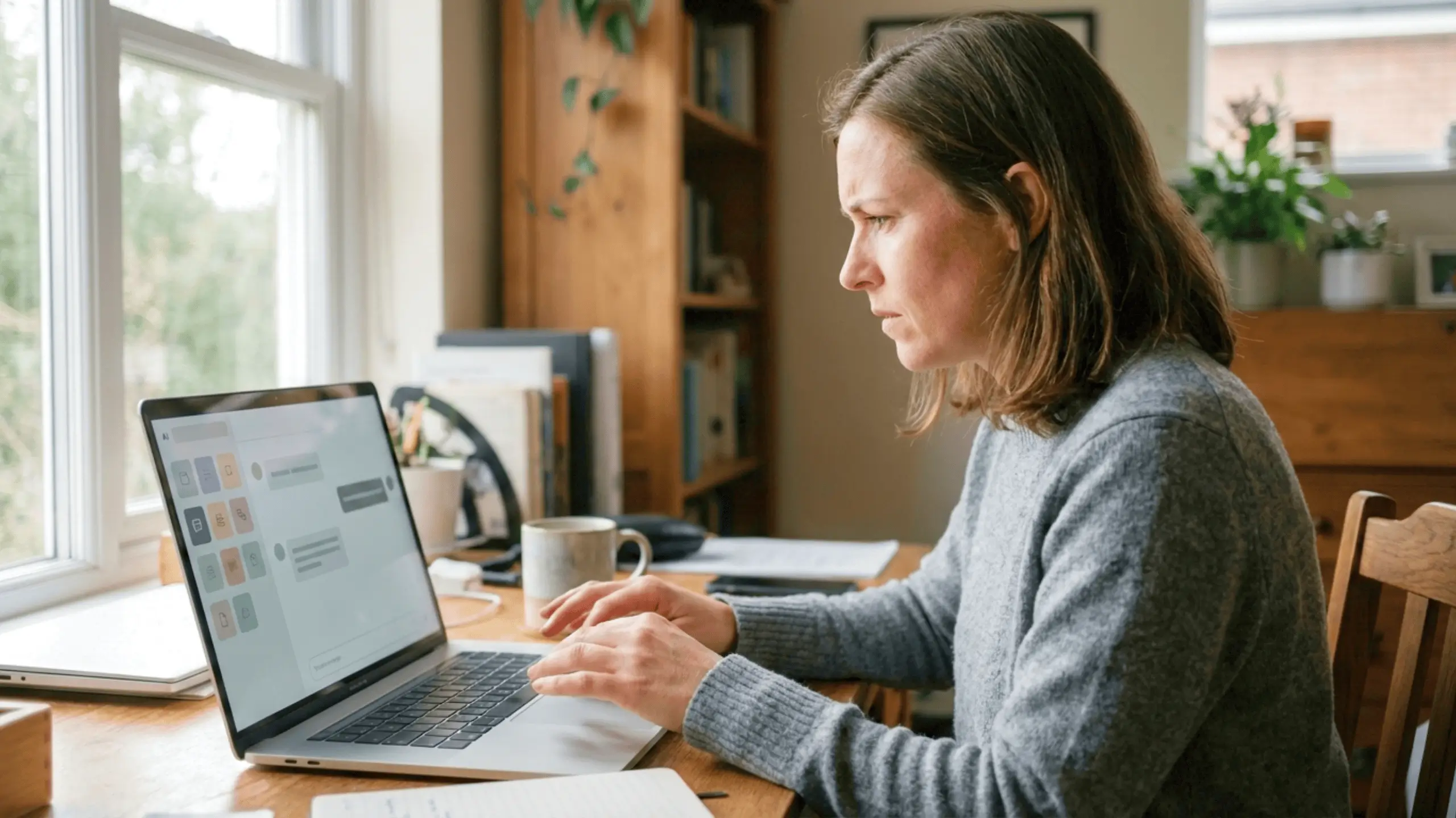 Femme travaillant sur un ordinateur portable à domicile, concentrée sur une interface numérique liée à l’intelligence artificielle.