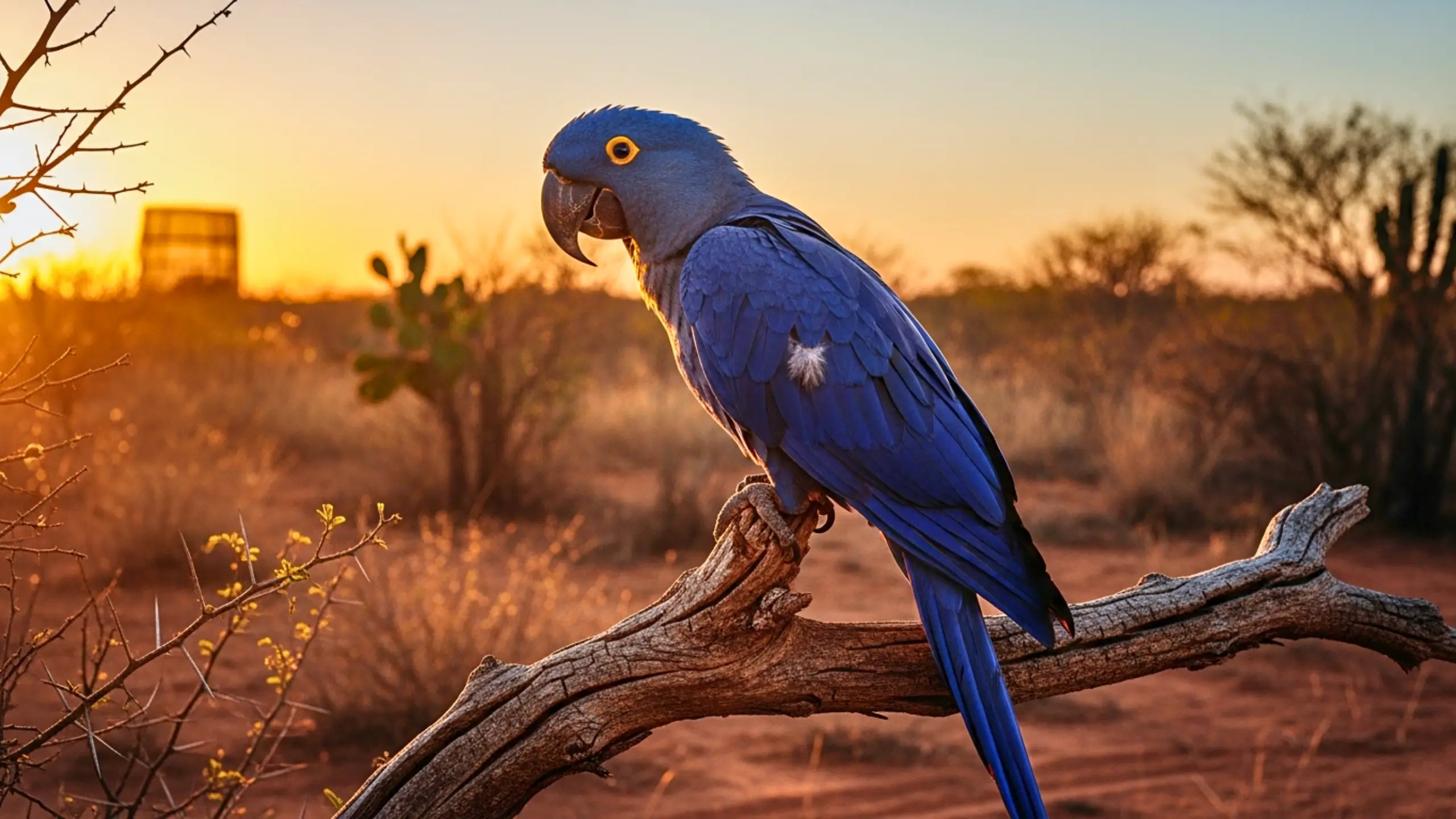 Ara de Spix bleu posé sur une branche sèche dans un paysage de savane brésilienne au coucher du soleil.