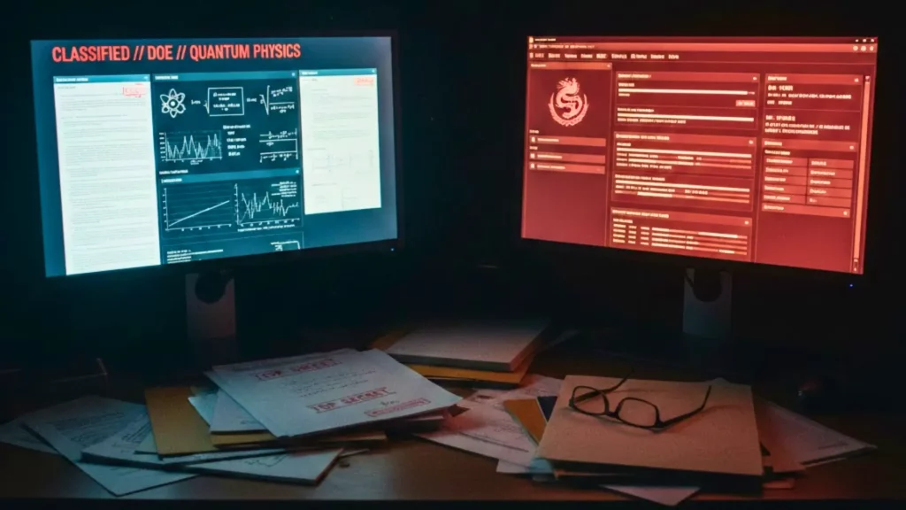 Écrans d’ordinateurs affichant des données scientifiques classifiées en physique quantique et une interface numérique liée à la Chine, suggérant l’exploitation stratégique de recherches sensibles.