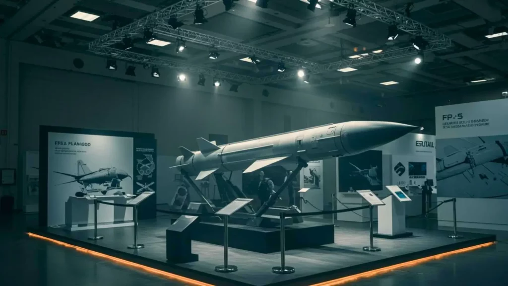 Maquette du missile FP-5 Flamingo exposée sur un stand d’armement lors d’un salon international, présentée comme un leurre.